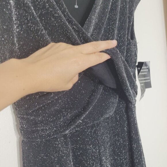 Jones New York NEW Black Metallic Glitter Sleeveless Knee Length Faux Wrap Dress - Picture 2 of 10